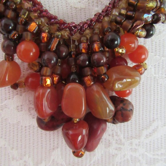 Carnelian, jasper & beads necklace & earrings in copper setting - 1980s - Picture 4 of 9